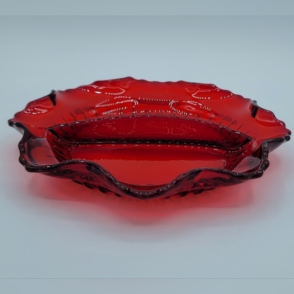 Vintage Red Glass Scalloped Wavy Divided Dish #1389 - Picture 8 of 15